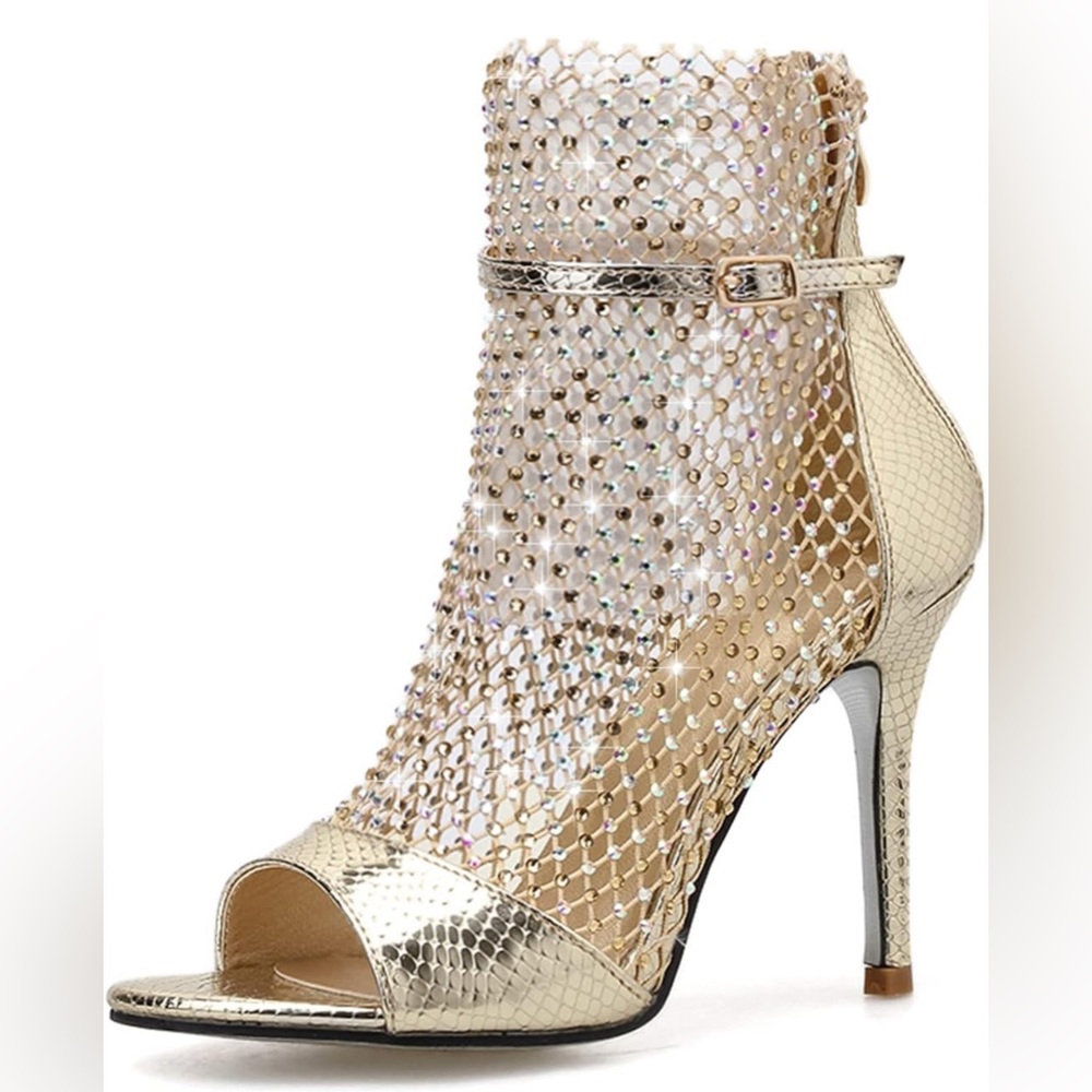 Gold Mesh Crystal Peep-Toe Stiletto Ankle Boot - 8